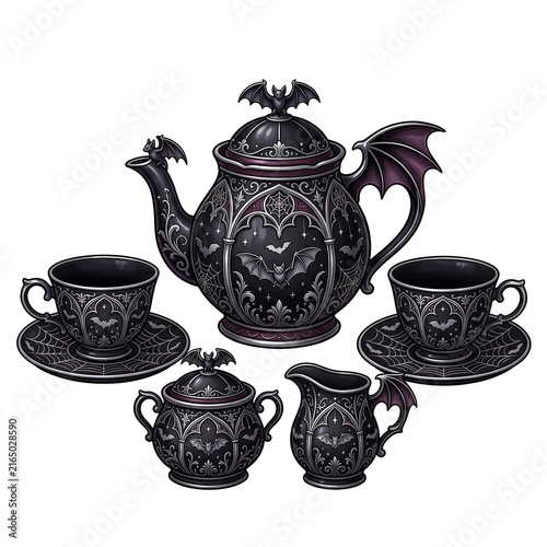 Gothic Halloween Tea Set with Bat Motifs and Dark Victorian Porcelain Design