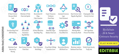 Blockchain AI and smart contract security icon set. Immutable ledger, DAO hub, zero knowledge proof and cross chain bridge solid glyph vector symbols