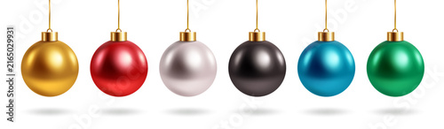 Christmas Ball Ornament Collection Clipart Set. Collection of glossy 3d Christmas ball ornaments featuring colorful hanging baubles clip art elements in gold, red, silver, black, blue and green 