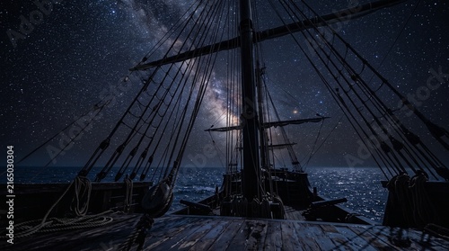 Bild auf Leinwand Cinematic view from the deck of an old wooden sailing ship at sea under a clear