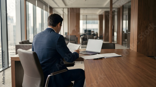 Businessman reviewing documents with laptop in modern office