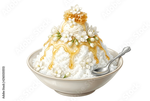 Honey dessert with honeycomb and white flowers isolated