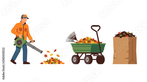 Person Using Leaf Blower and Clearing Autumn Foliage with Garden Tools