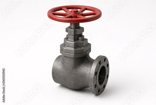 Single heavy industrial metal valve with red handwheel isolated on pure white background, realistic cast steel texture, generic unbranded design, professional studio product photography, soft shadow, 