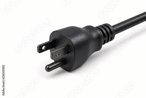 Single generic black three-prong electrical power plug isolated on pure white background, short section of cable attached, realistic molded plastic, professional studio product photography, soft