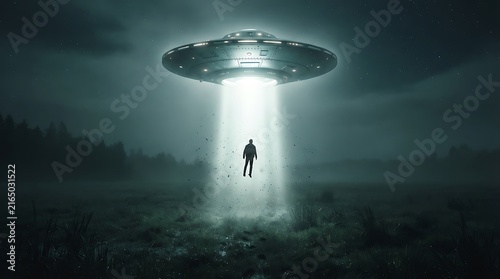Mysterious UFO hovering over lone figure in eerie night landscape with glowing light.