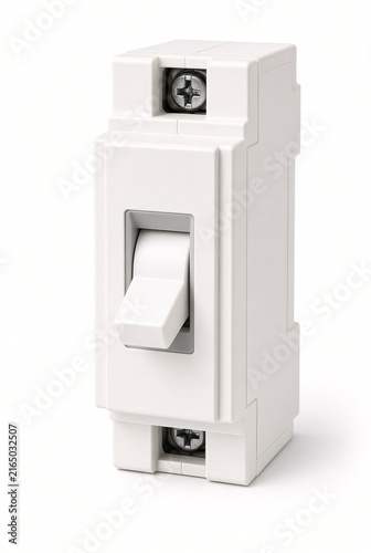 Single generic electrical circuit breaker isolated on pure white background, realistic white and gray plastic housing, toggle switch, no readable text, no numbers, no logo, professional macro product 
