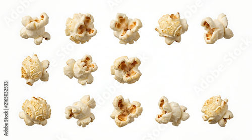 Eleven fluffy popcorn pieces isolated on white background