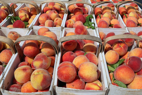Baskets of fresh ripe peaches at a farmer's market