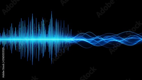 Glowing blue audio waveform transitioning into smooth lines. Concept of voice recognition technology, music frequency, and podcast broadcasting.