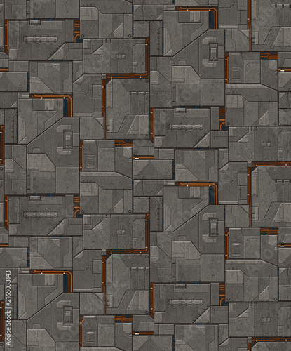 Seamless sophisticated metallic sci-fi geometric pattern featuring elegant layered futuristic machine panels with orange cables and industrial textures