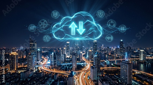 Glowing digital cloud computing icon with upload download arrows floating over modern city skyline at night, symbolizing data transfer and cloud network technology