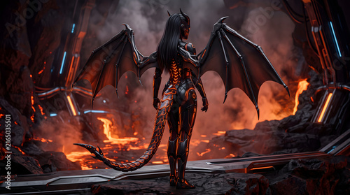 Cybernetic dragon woman with mechanical wings in volcanic world