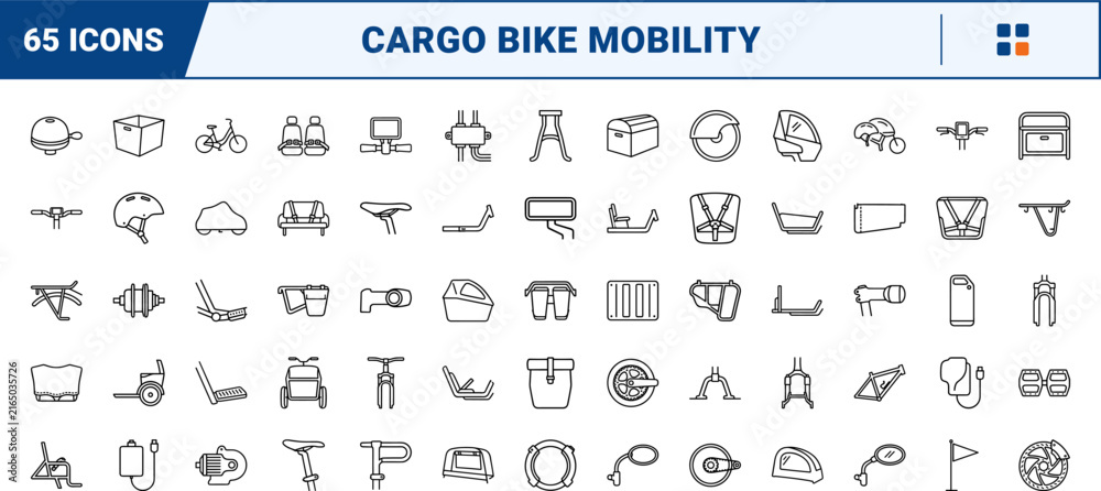 Fototapeta premium Cargo Bike Family line icon set. Vector pictograms of transport, equipment, safety, and accessory elements, thin linear illustration.