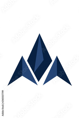 Minimal geometric mountain peak logo symbol, three angular mountain shapes forming a clean modern emblem, simple vector style, isolated on pure white background, no text, no letters, no mockup, no exi