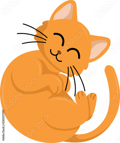 Handdrawn Orange Cat Grooming Itself Isolated on White Background