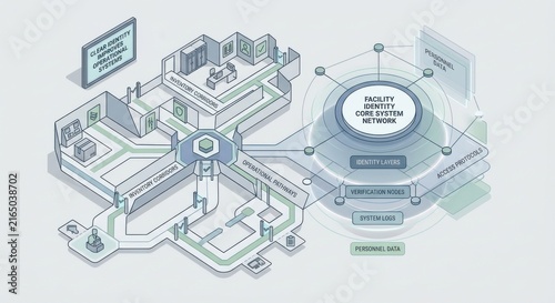 Isometric Diagram of a Facility Identity Core System Network with Operational Pathways