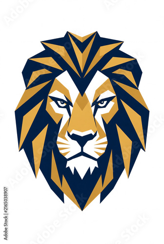 Bold symmetrical lion head logo, geometric mane constructed from clean angular shapes, powerful premium emblem, flat vector style, centered on pure white background, no text, no letters, no crown, no 