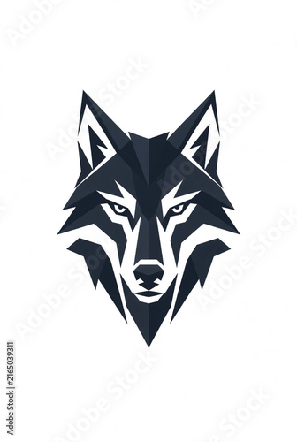  Minimal geometric wolf head logo facing forward, symmetrical angular construction, sharp ears and simplified facial shapes, professional vector style, isolated on pure white background, no text, no l