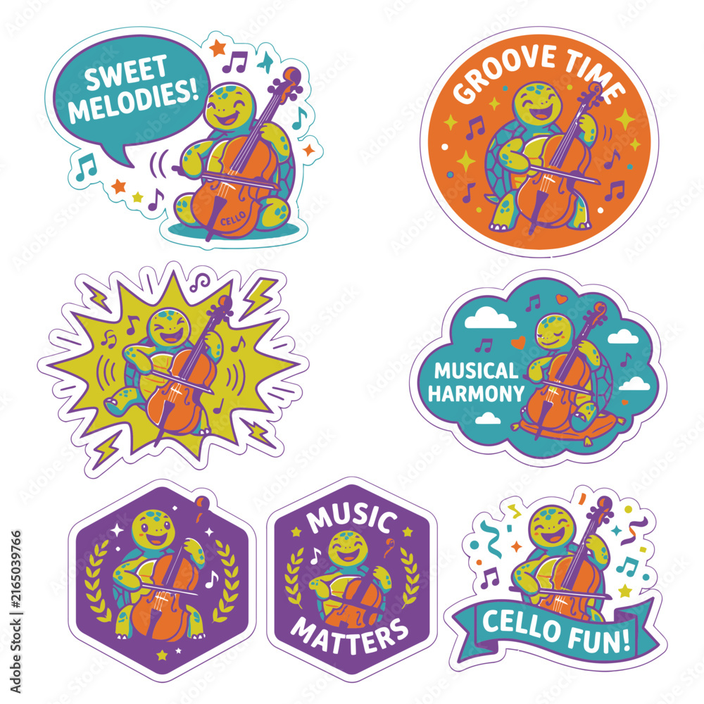 Fototapeta premium Cute turtle stickers playing cello and performing classical music.