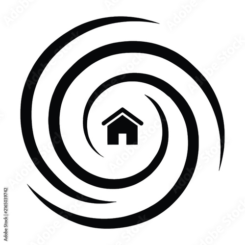 Black house icon inside a swirling spiral shape design