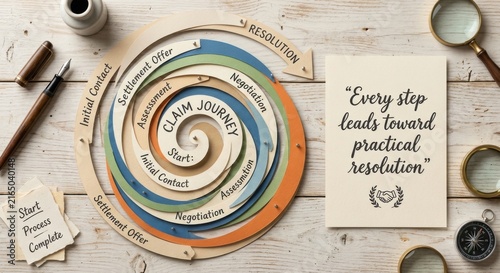 Spiral Claim Journey Pathway with Stages and Resolution Concept