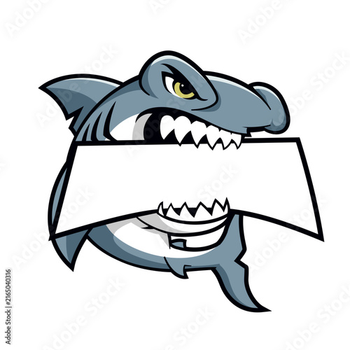Angry Shark Mascot Logo Holding Blank Banner for Custom Text