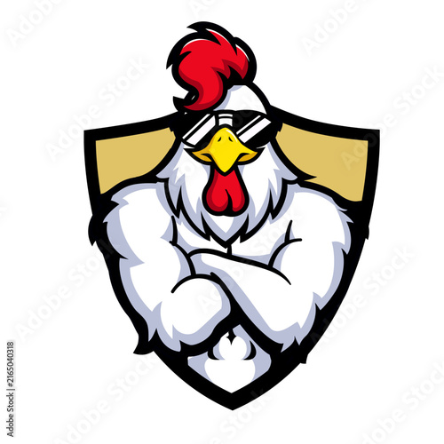 Cool Muscular Rooster Mascot Logo with Sunglasses on Shield