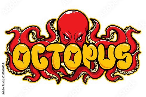 Red Octopus Mascot Vector Illustration with Custom Graffiti Text