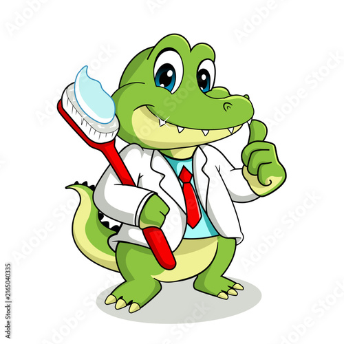 Cute Crocodile Dentist Mascot Character Holding Big Toothbrush