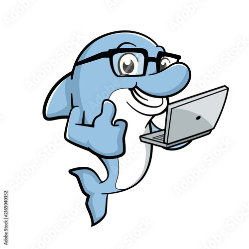Smart Dolphin Holding Laptop Tech Mascot Character