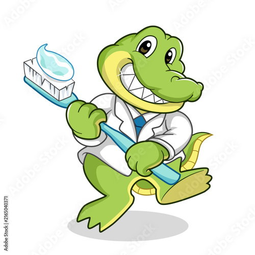 Cute Crocodile Dentist Mascot Character Holding Giant Toothbrush