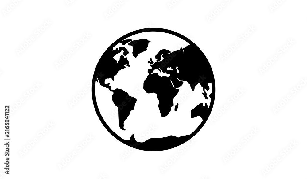 Fototapeta premium Earth globe black and white icon with world map continents, minimal silhouette design for global business or ecology concepts