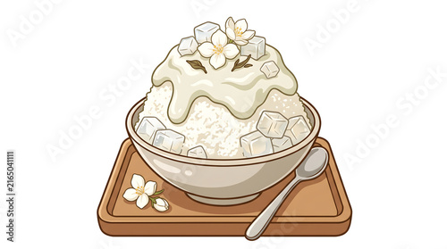 Creamy Shaved Ice Dessert with Ice Cubes and White Flowers Illustration