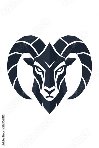 Powerful geometric ram head logo symbol, symmetrical curved horns forming a circular silhouette, clean angular facial structure, premium flat vector style, isolated on white, no text, no letters