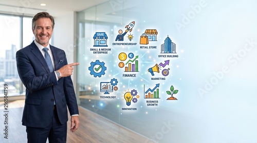 Business Professional Presenting Icons of Finance, Marketing, Technology, and Growth in Modern Office Environment