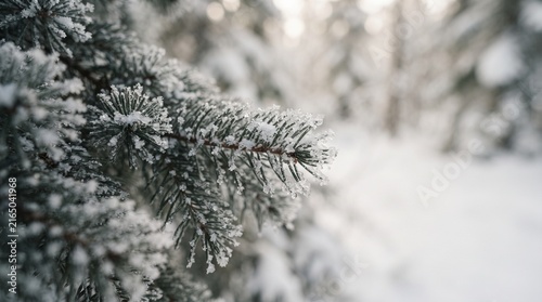 Frost covered evergreen branches in a snowy winter forest showcasing ice crystals and needles in 2k quality