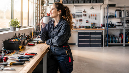 Female tradesperson taking a coffee break beside tools in a workshop