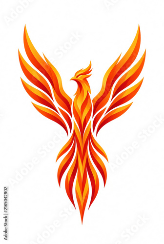 Original abstract phoenix bird logo rising upward, symmetrical flame shaped wings and tail, clean geometric vector construction, modern professional emblem, isolated on white, no text, no letters