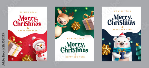 Merry Christmas and Happy New Year Card Poster Clipart Set. Christmas greeting card collection featuring a cute characters clip art like snowman, reindeer, polar bear, gift boxes, golden bows 