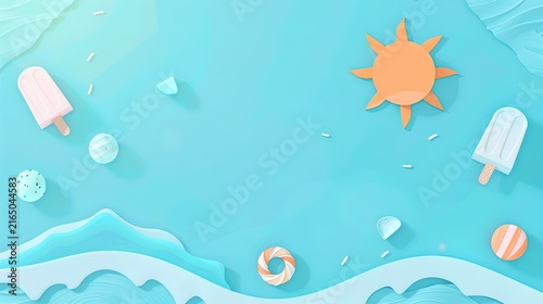 Minimalist summer background with ice blue palette sun waves and ice cream shapes flat vector
