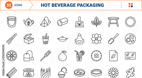 Beverage and food line icon set. Vector pictograms of tea packaging, brewing accessories, herbal ingredients, and tasting elements, thin linear illustration.