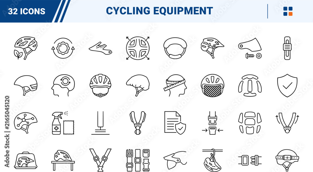 Naklejka premium Mountain bike helmet line icon set. Vector pictograms of protection, headwear, safety, and cycling elements, thin linear illustration.