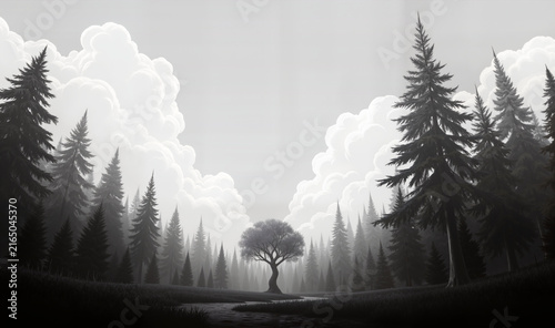 Black and white forest clearing with lone tree wide banner landscape
