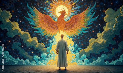 Phoenix illustration under starry night sky with person in robe wide
