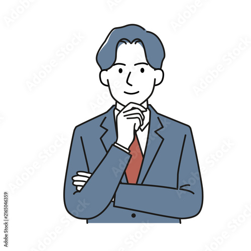 あごに手を当ててポジティブに考える30代ビジネスパーソン男性のイラスト　思考・検討・傾聴・アイデア考案・熟考・ビジネスマン