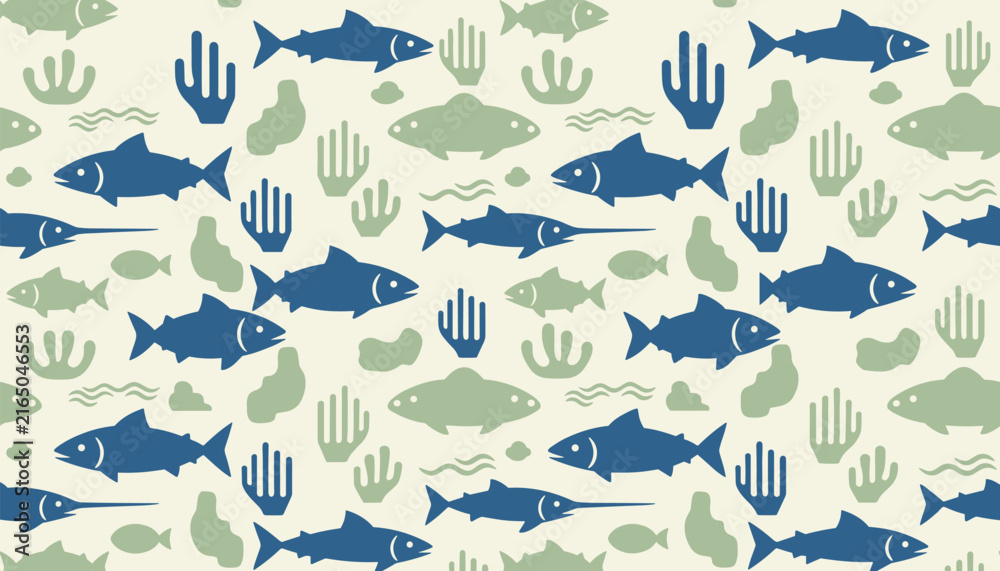 Obraz premium Seamless vector pattern of various blue and green fish swimming among stylized sea corals on a light beige background.