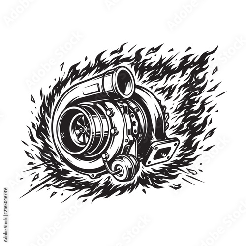 Turbocharger in flames black and white vector illustration.