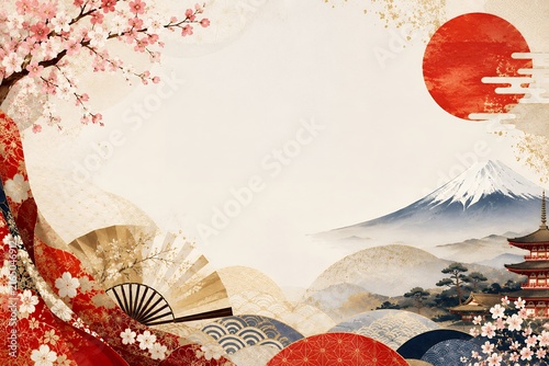 Traditional japanese art with mount fuji cherry blossoms and rising sun