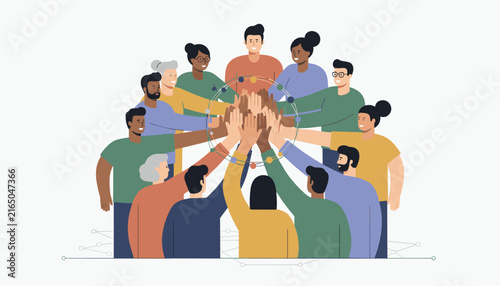 Large diverse group of people raising their hands in a high five circle celebrating unity, success, and teamwork.